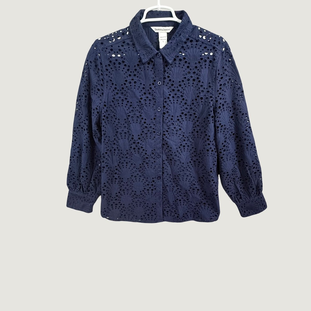 Drapers & Damons Navy Blue Cotton Eyelet Button Front Blouse Top Large